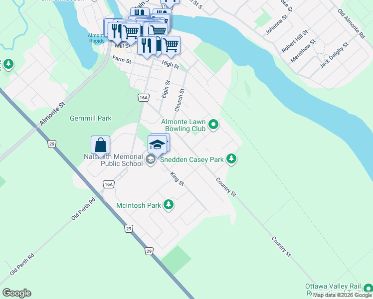 map of restaurants, bars, coffee shops, grocery stores, and more near 300 Country Street in Mississippi Mills