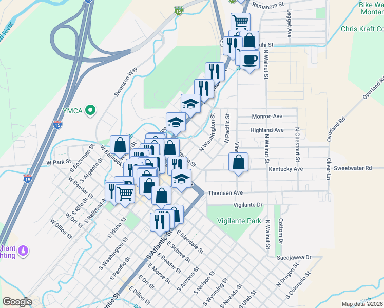 map of restaurants, bars, coffee shops, grocery stores, and more near 305 North Washington Street in Dillon