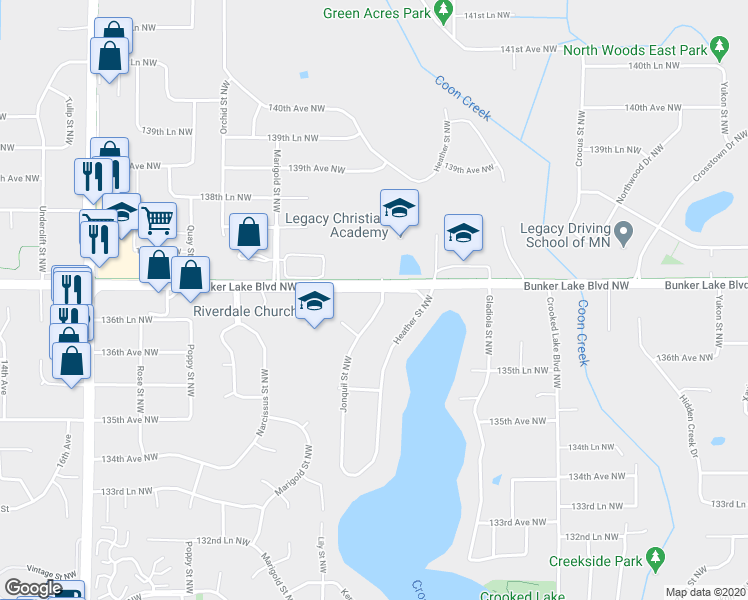 map of restaurants, bars, coffee shops, grocery stores, and more near 3112 Bunker Lake Boulevard Northwest in Andover