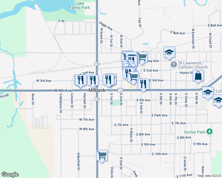 map of restaurants, bars, coffee shops, grocery stores, and more near 103 West 4th Avenue in Milbank