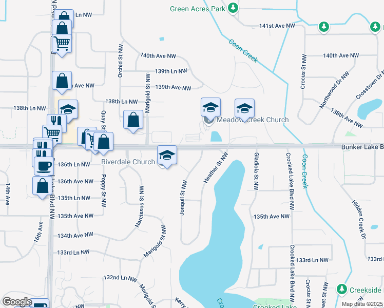 map of restaurants, bars, coffee shops, grocery stores, and more near 3112 Bunker Lake Boulevard Northwest in Andover