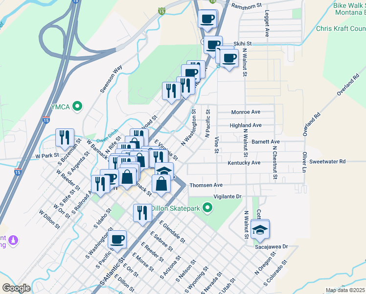 map of restaurants, bars, coffee shops, grocery stores, and more near 208 East Butte Street in Dillon