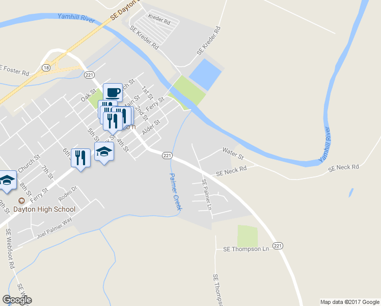 map of restaurants, bars, coffee shops, grocery stores, and more near 525 Southeast Palmer Lane in Dayton