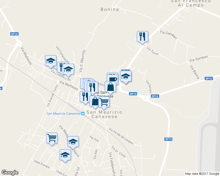map of restaurants, bars, coffee shops, grocery stores, and more near 30 Via de Amicis in San Maurizio Canavese