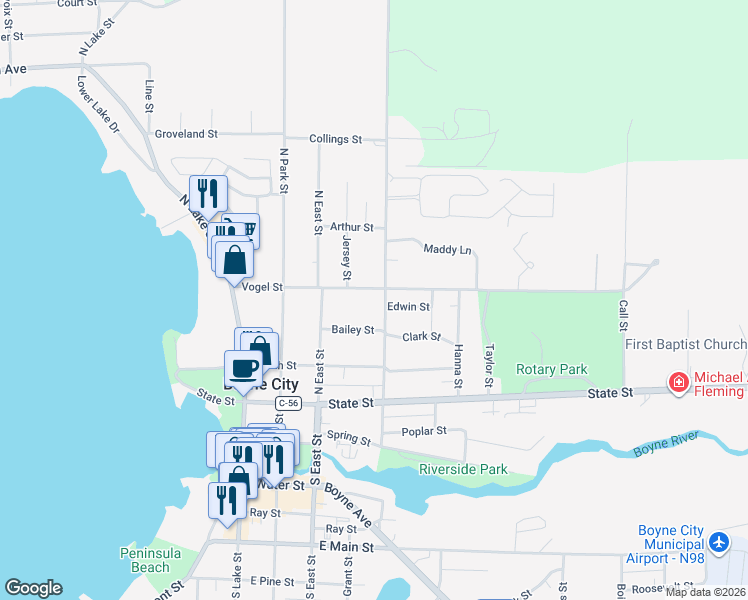 map of restaurants, bars, coffee shops, grocery stores, and more near 400-498 Vogel St in Boyne City