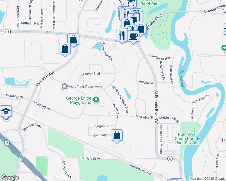 map of restaurants, bars, coffee shops, grocery stores, and more near 3540 Quarry Avenue in Anoka
