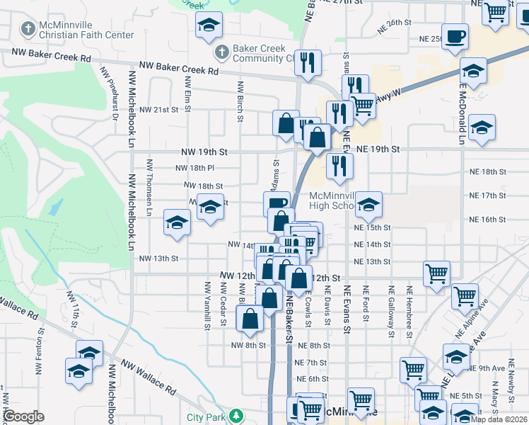map of restaurants, bars, coffee shops, grocery stores, and more near 1525 Northeast Adams Street in McMinnville