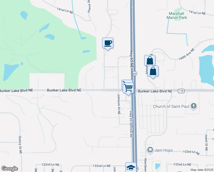 map of restaurants, bars, coffee shops, grocery stores, and more near 1235 Bunker Lake Boulevard Northeast in Ham Lake