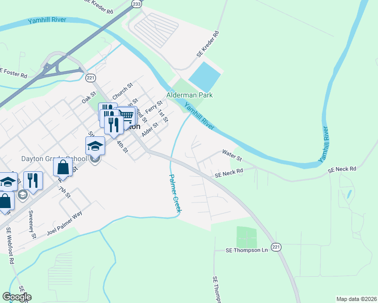 map of restaurants, bars, coffee shops, grocery stores, and more near 525 Southeast Palmer Lane in Dayton