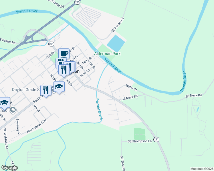 map of restaurants, bars, coffee shops, grocery stores, and more near 515 Southeast Palmer Lane in Dayton