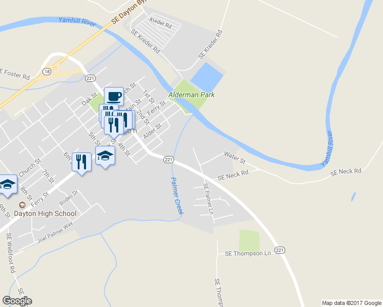 map of restaurants, bars, coffee shops, grocery stores, and more near 515 Southeast Palmer Lane in Dayton