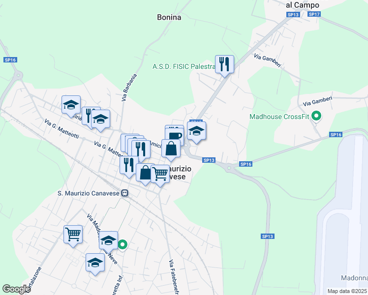 map of restaurants, bars, coffee shops, grocery stores, and more near 30 Via de Amicis in San Maurizio Canavese