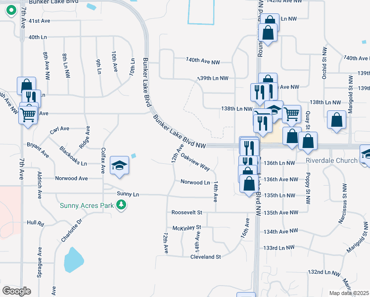 map of restaurants, bars, coffee shops, grocery stores, and more near 3618 12th Avenue in Anoka