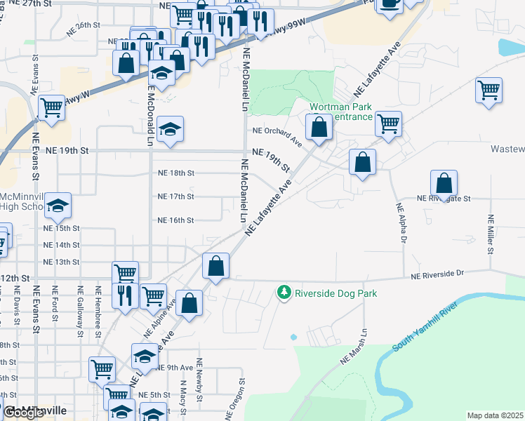 map of restaurants, bars, coffee shops, grocery stores, and more near 1625 Northeast Lafayette Avenue in McMinnville