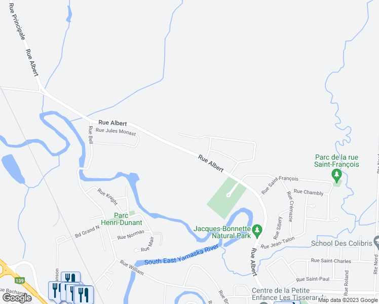 map of restaurants, bars, coffee shops, grocery stores, and more near Rue Albert in Cowansville