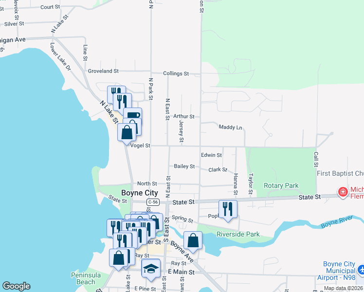 map of restaurants, bars, coffee shops, grocery stores, and more near 400 Vogel Street in Boyne City