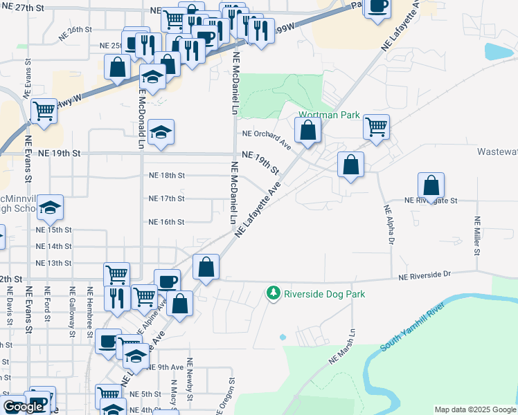 map of restaurants, bars, coffee shops, grocery stores, and more near 1625 Northeast Lafayette Avenue in McMinnville