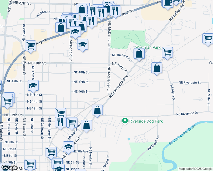map of restaurants, bars, coffee shops, grocery stores, and more near 1601 Northeast McDaniel Lane in McMinnville