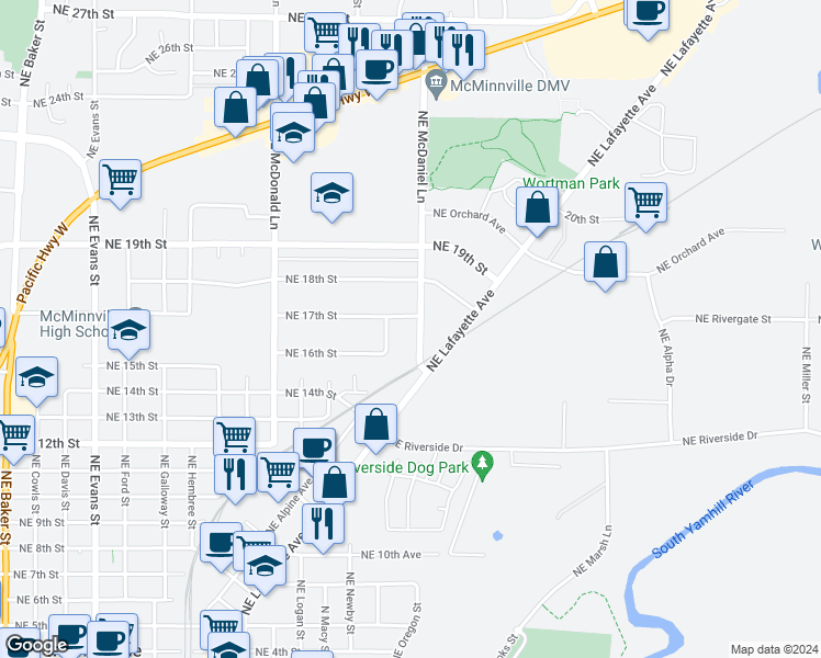 map of restaurants, bars, coffee shops, grocery stores, and more near 1600 Northeast 17th Street in McMinnville