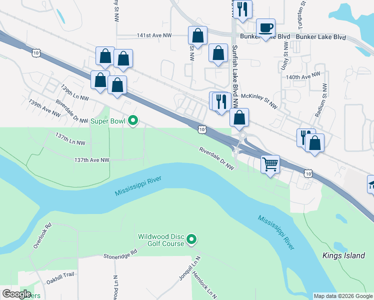 map of restaurants, bars, coffee shops, grocery stores, and more near 6528 138th Ave NW in Ramsey