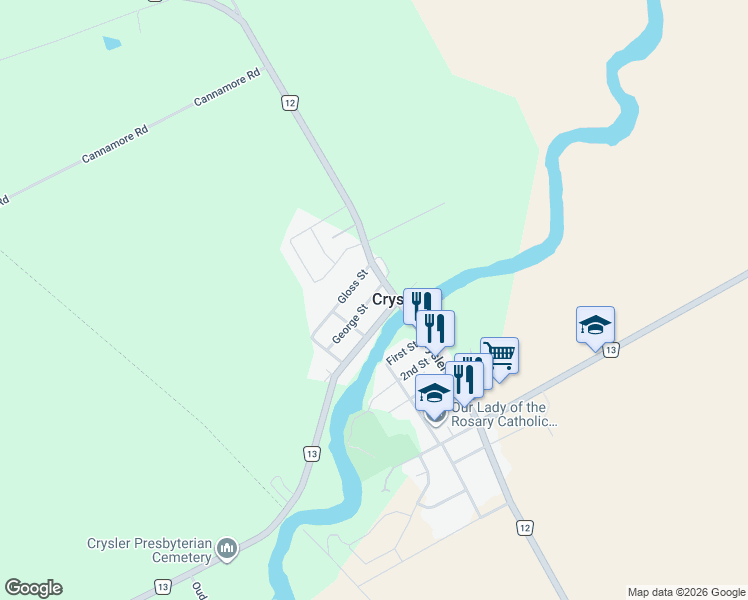 map of restaurants, bars, coffee shops, grocery stores, and more near 8 George Street in Crysler