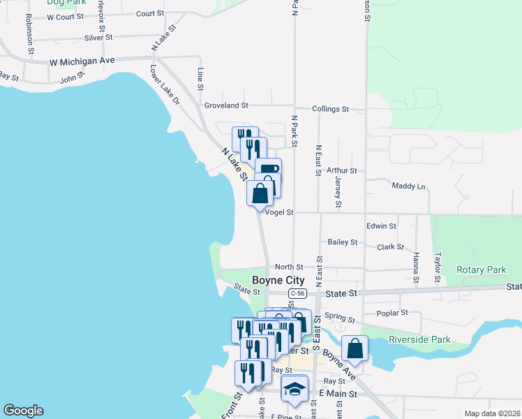 map of restaurants, bars, coffee shops, grocery stores, and more near 201-431 North Lake Street in Boyne City