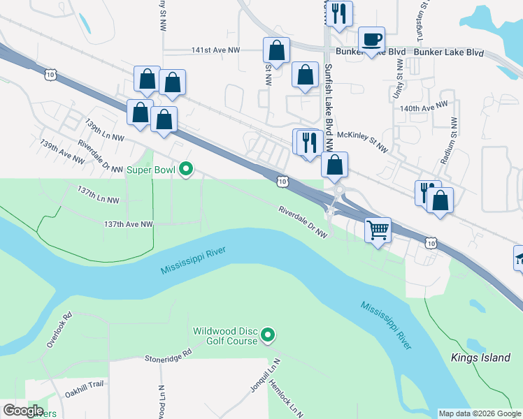 map of restaurants, bars, coffee shops, grocery stores, and more near 6528 138th Ave NW in Ramsey