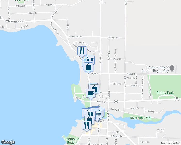 map of restaurants, bars, coffee shops, grocery stores, and more near 198 Vogel Street in Boyne City