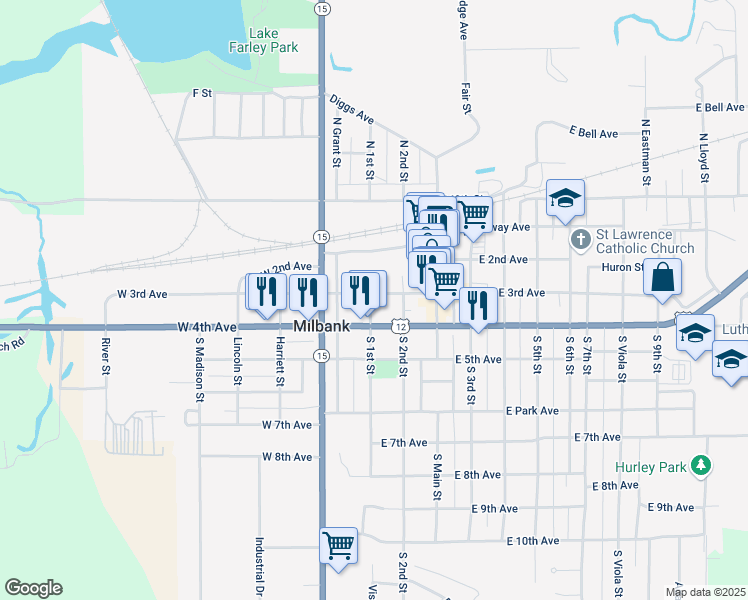 map of restaurants, bars, coffee shops, grocery stores, and more near 103 W 4th Ave in Milbank