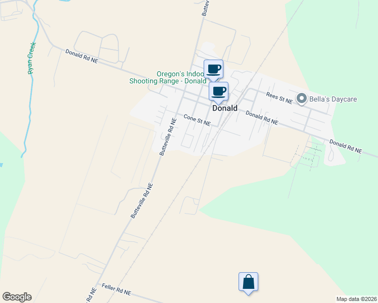 map of restaurants, bars, coffee shops, grocery stores, and more near 20736 Butteville Rd NE in Hubbard