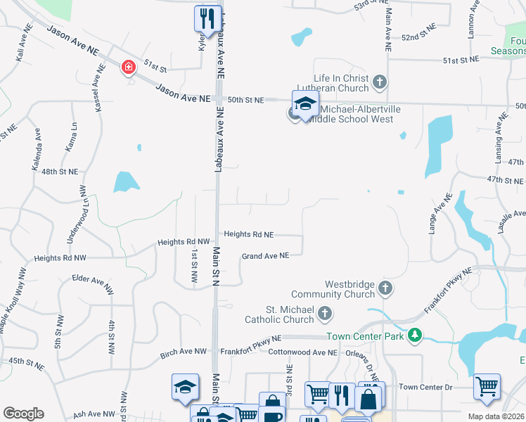 map of restaurants, bars, coffee shops, grocery stores, and more near 526 Lachman Circle Northeast in Saint Michael