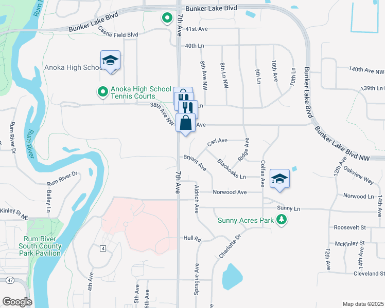 map of restaurants, bars, coffee shops, grocery stores, and more near 3730 Bryant Circle in Anoka