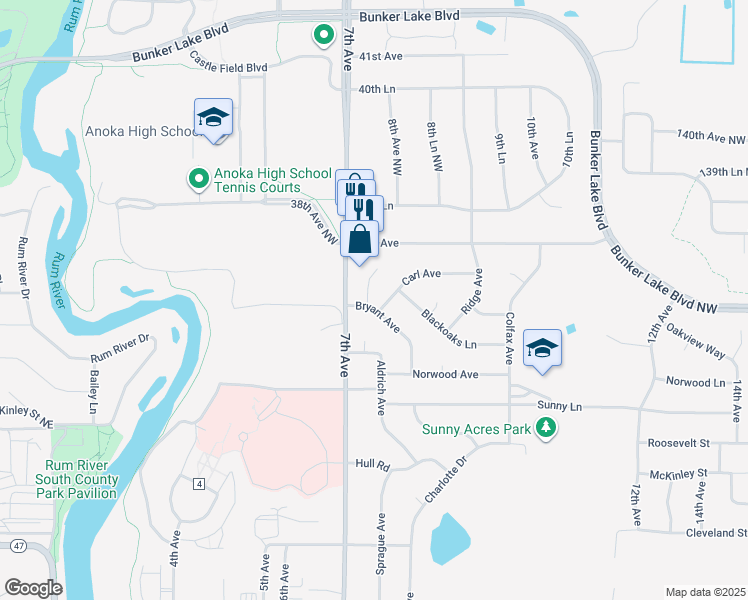 map of restaurants, bars, coffee shops, grocery stores, and more near 3730 Bryant Circle in Anoka