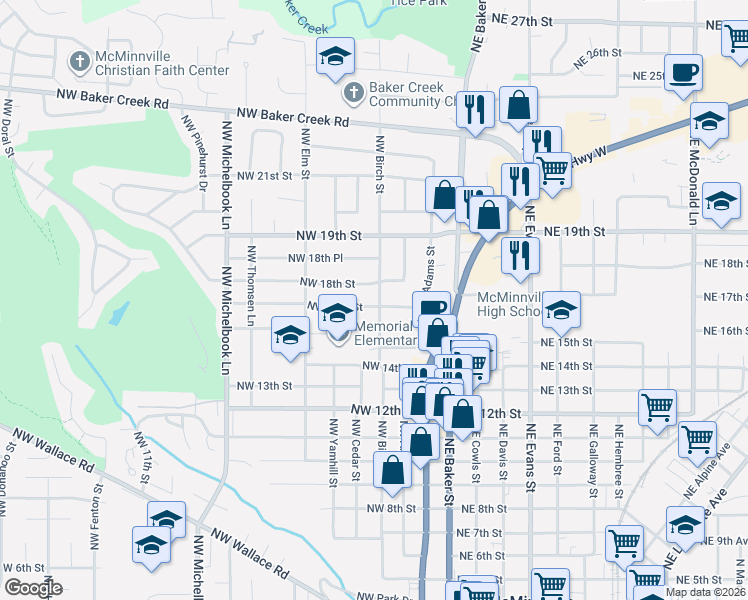 map of restaurants, bars, coffee shops, grocery stores, and more near 311 Northwest 18th Street in McMinnville
