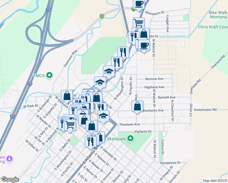 map of restaurants, bars, coffee shops, grocery stores, and more near 535 North Washington Street in Dillon