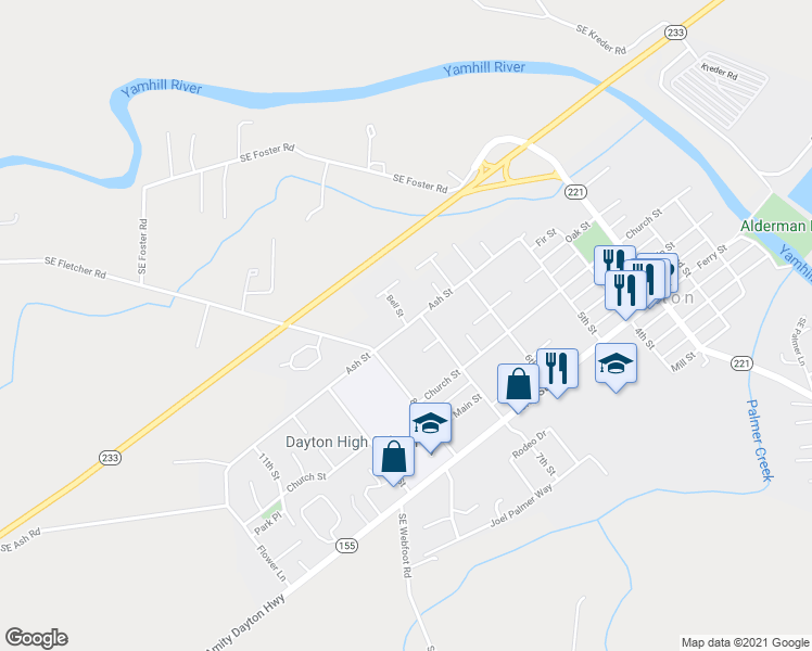 map of restaurants, bars, coffee shops, grocery stores, and more near Ash St & Bell St in Dayton