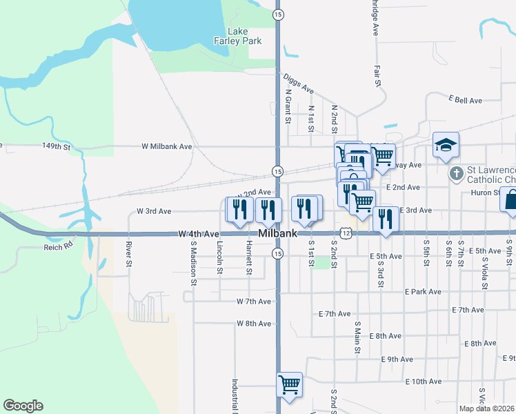 map of restaurants, bars, coffee shops, grocery stores, and more near 222 West 2nd Avenue in Milbank