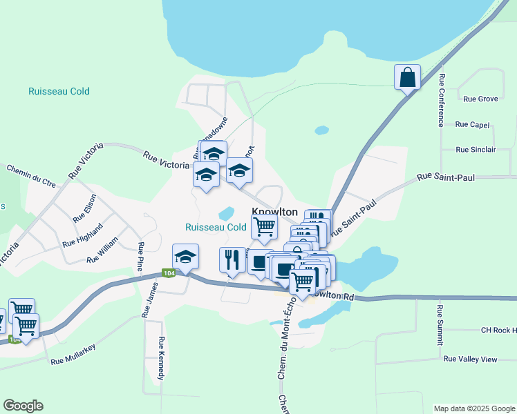 map of restaurants, bars, coffee shops, grocery stores, and more near 49 Rue Victoria in Knowlton