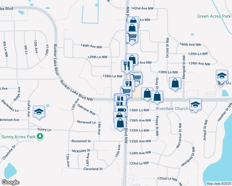 map of restaurants, bars, coffee shops, grocery stores, and more near 3633 Bunker Lake Boulevard Northwest in Andover