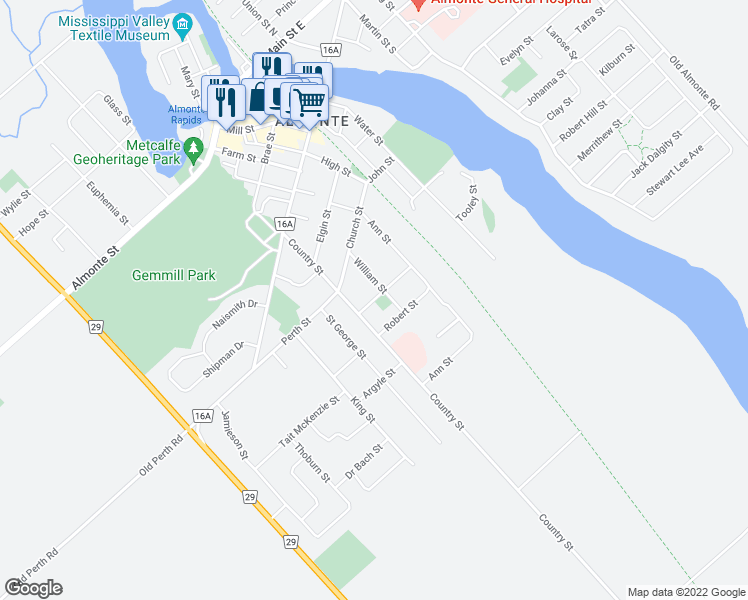 map of restaurants, bars, coffee shops, grocery stores, and more near 184 James Street in Mississippi Mills