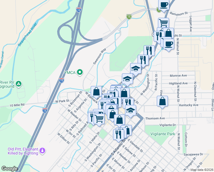 map of restaurants, bars, coffee shops, grocery stores, and more near 141 West Helena Street in Dillon