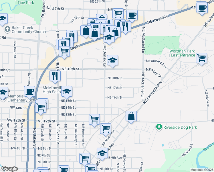 map of restaurants, bars, coffee shops, grocery stores, and more near 1725 Northeast McDonald Lane in McMinnville