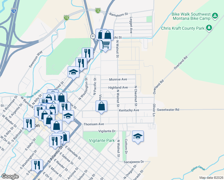 map of restaurants, bars, coffee shops, grocery stores, and more near 511 Highland Avenue in Dillon