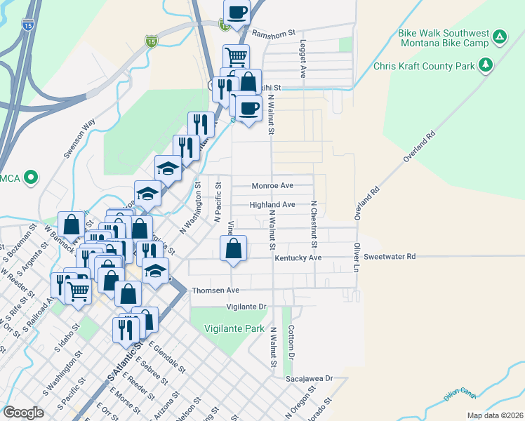 map of restaurants, bars, coffee shops, grocery stores, and more near 511 Highland Avenue in Dillon