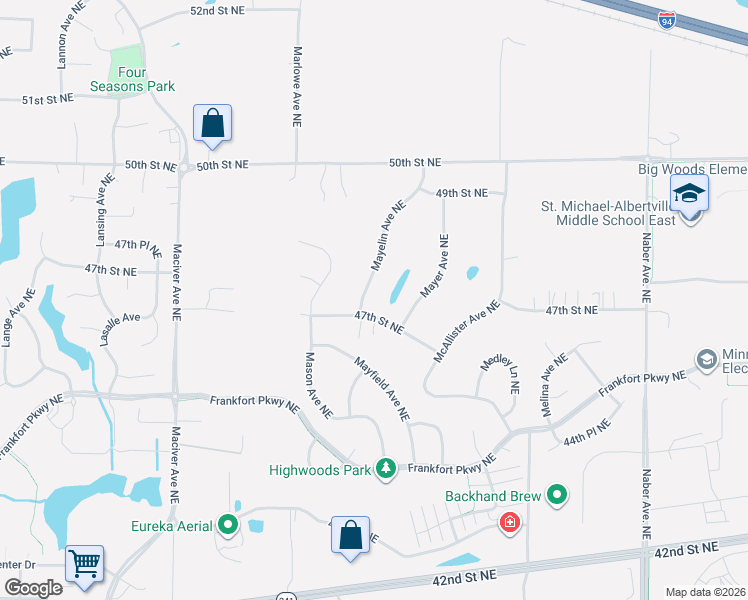 map of restaurants, bars, coffee shops, grocery stores, and more near 12400 47th Street Northeast in Saint Michael