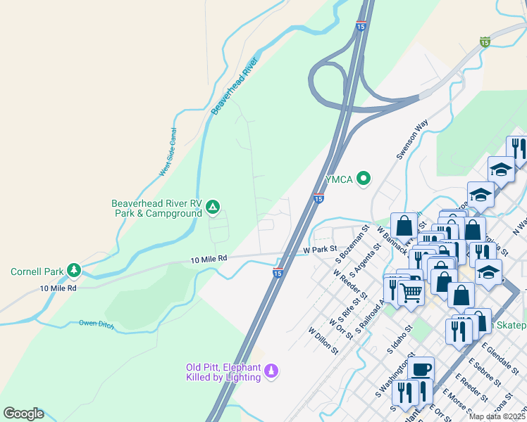 map of restaurants, bars, coffee shops, grocery stores, and more near 320 Madison Street in Dillon