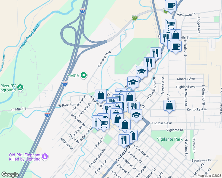 map of restaurants, bars, coffee shops, grocery stores, and more near 141 West Helena Street in Dillon