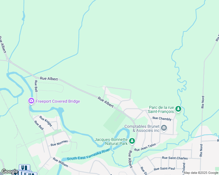 map of restaurants, bars, coffee shops, grocery stores, and more near Rue du Bordeaux in Cowansville
