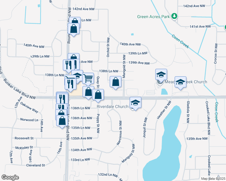 map of restaurants, bars, coffee shops, grocery stores, and more near 13742 Marigold Street Northwest in Andover