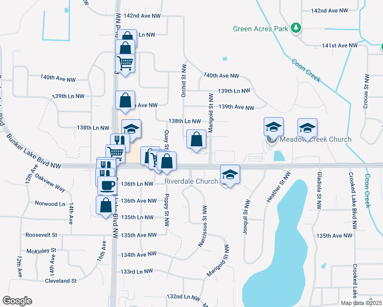 map of restaurants, bars, coffee shops, grocery stores, and more near 13742 Marigold Street Northwest in Andover